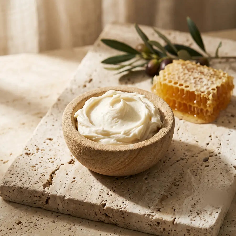 Whipped tallow balm served in a small wooden bowl on a travertine slab, beside a piece of raw honeycomb and a sprig of olives.