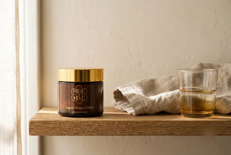 The closed amber jar standing alone on a narrow oak bathroom shelf in morning light, beside a folded linen towel and a glass.