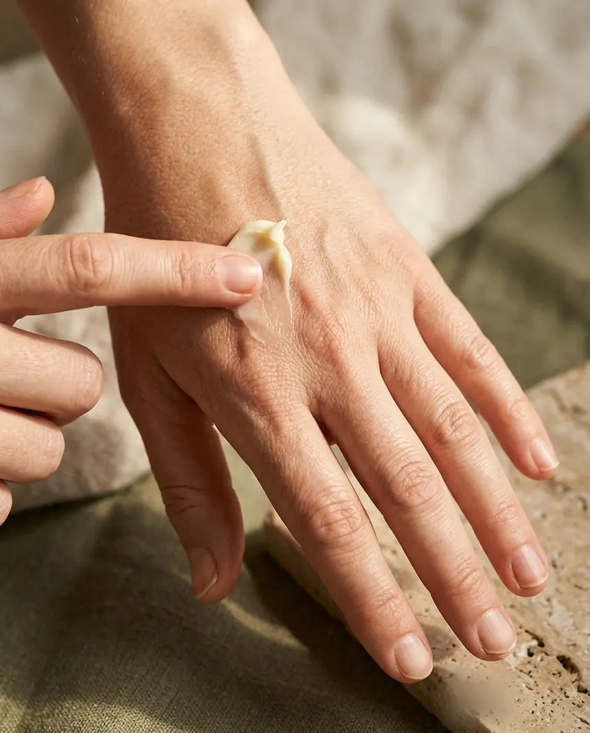 A small amount of the ivory balm being pressed into the back of a hand, where it turns translucent and disappears into the skin.