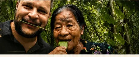 Hide & Hive co-founder Carlos Duran in the Amazon jungle alongside an Indigenous grandmother and wisdom keeper of the Inga Tribe.